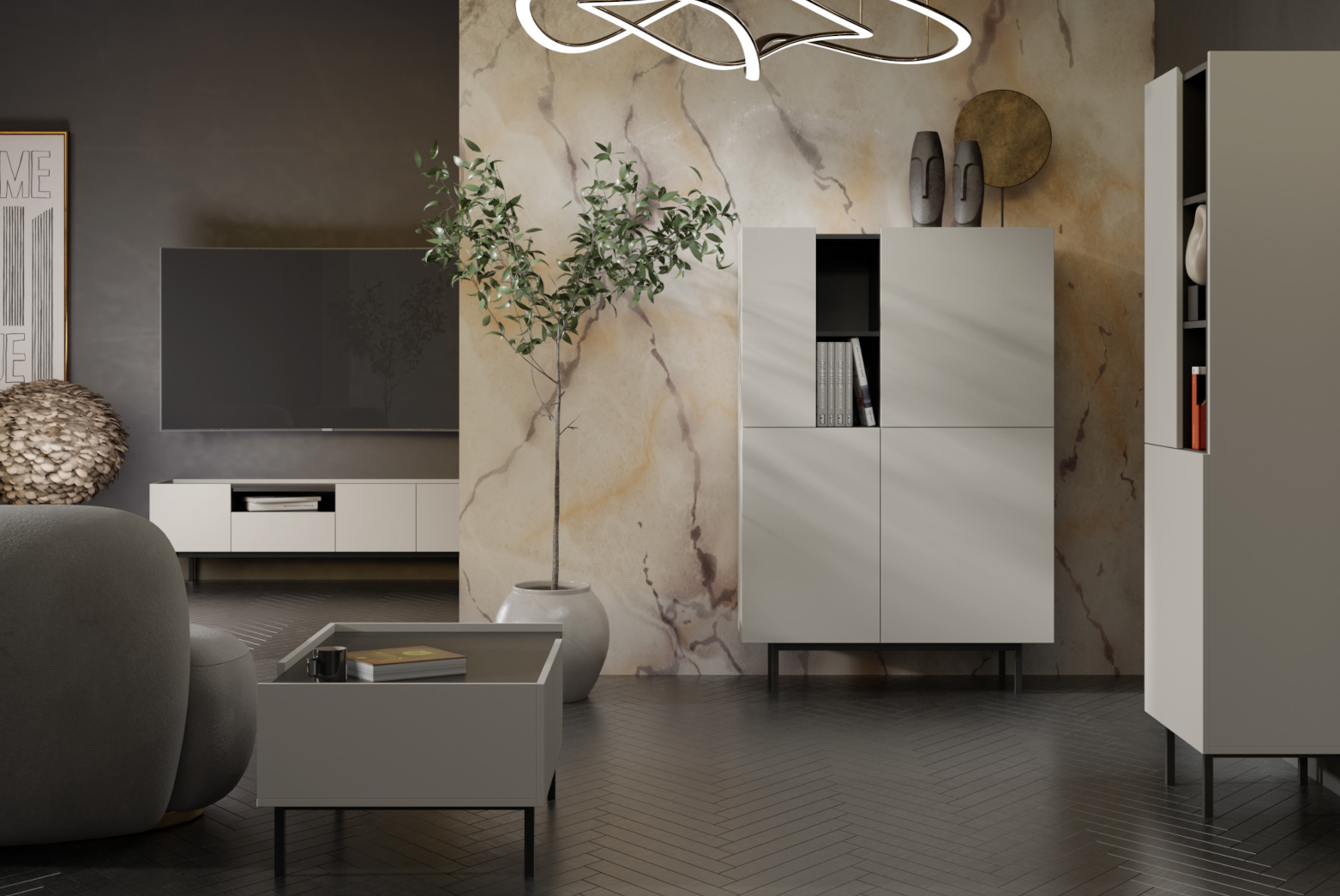 Ekstrawagancki salon z minimalistycznymi meblami