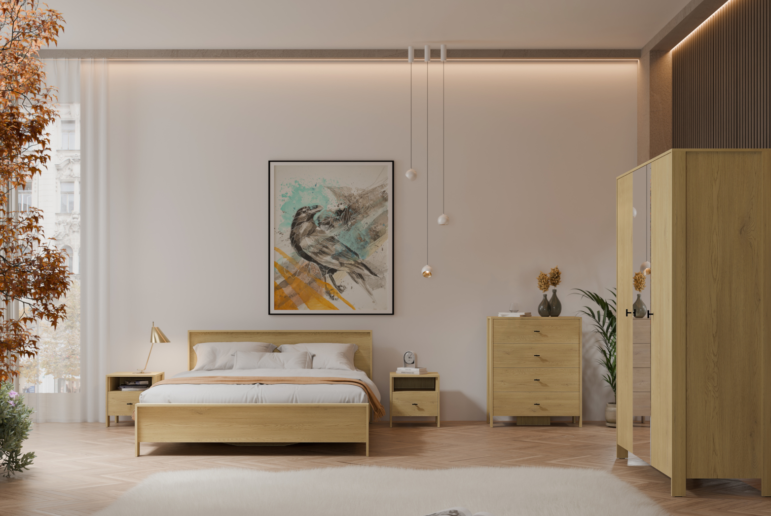 Kremowo - dębowa sypialnia dla dwojga