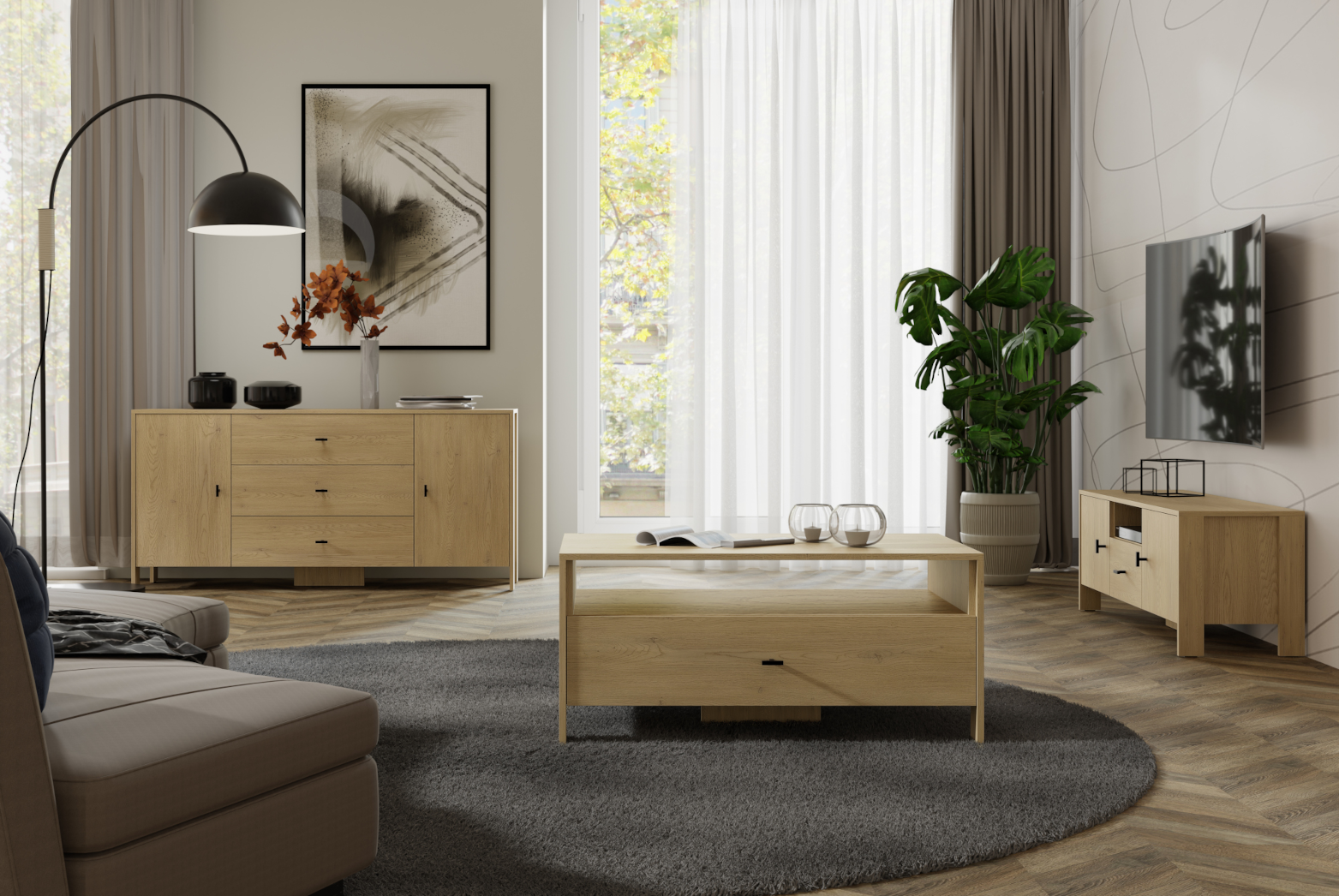 Przytulny beżowy salon z iskierką dębowego drewna