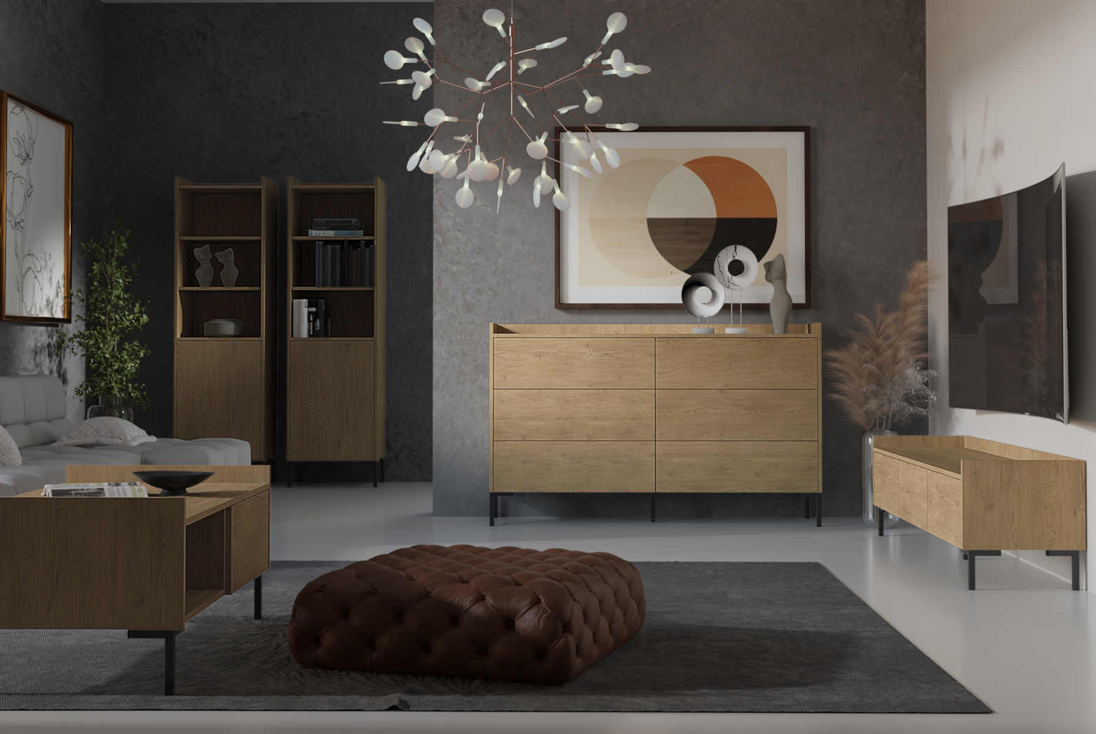 Nowoczesny salon w odcieniach dębu i szarości